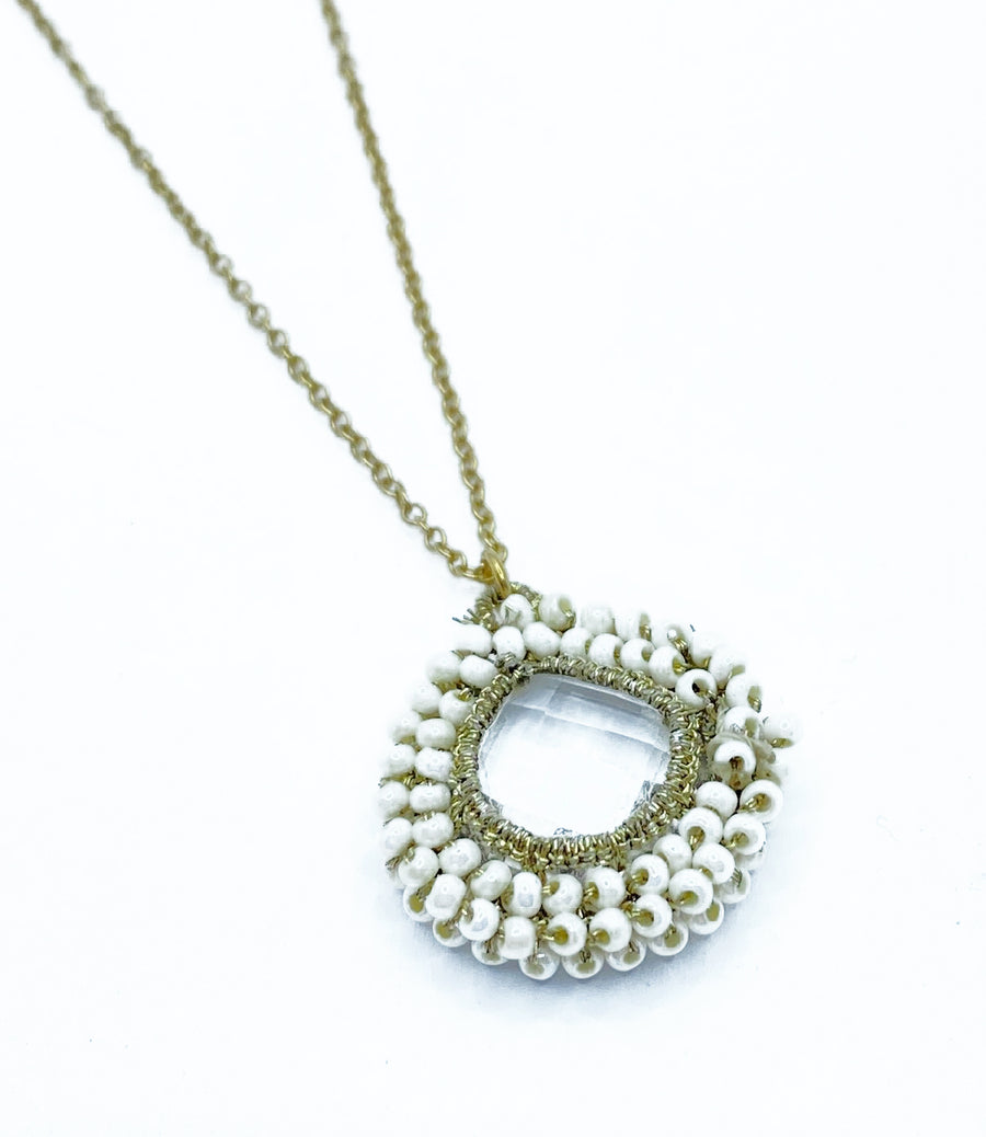 Danielle Welmond | Caged Crystal Quartz Necklace w/ Gold Cord and White Pearl on 14kt Gold Vermeil Chain