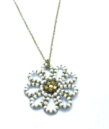 Danielle Welmond | Woven Gold Chord Flower Necklace w/ White Pearls and 14kt Gold Vermeil Chain