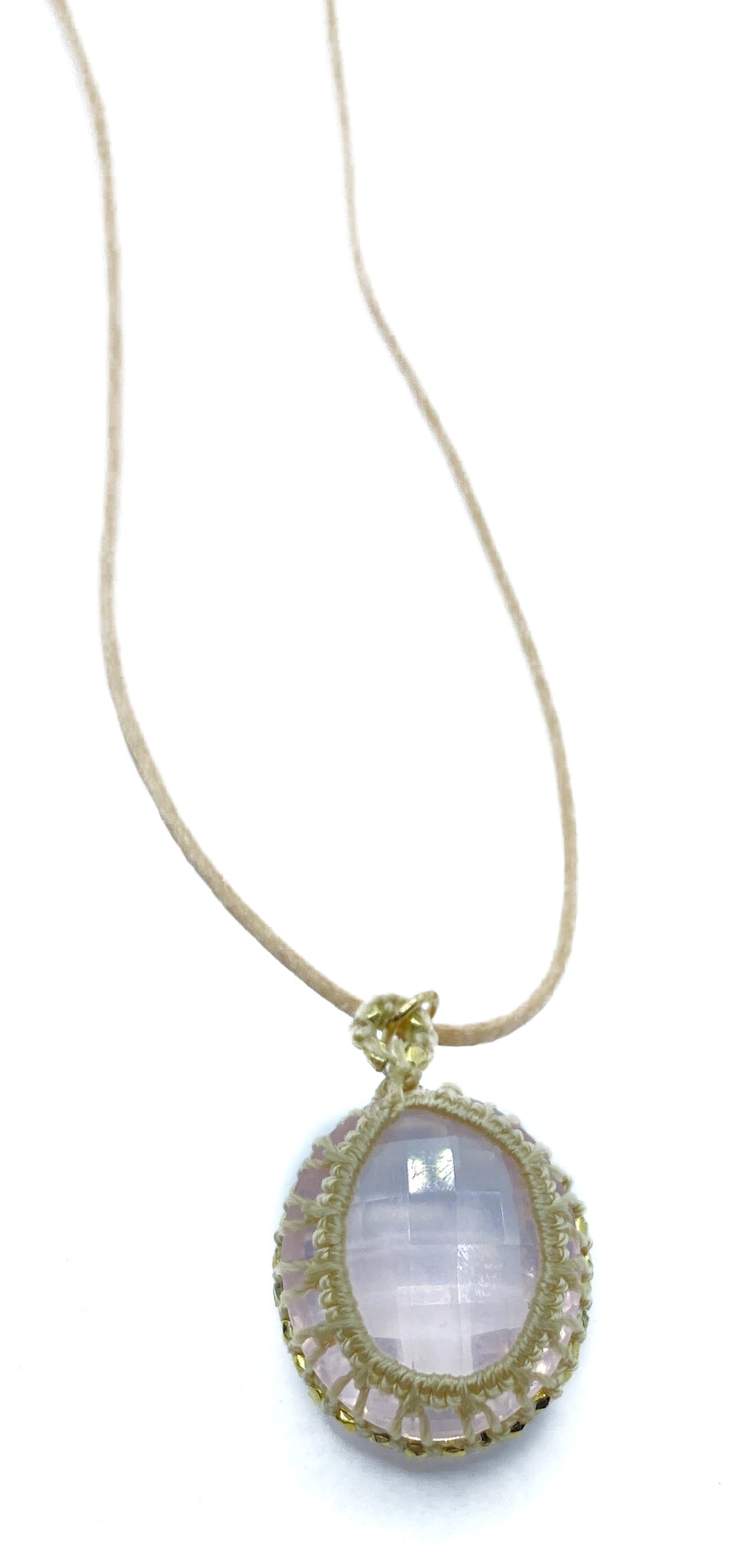 Danielle Welmond | Caged rose quartz with taupe cord and 14kt gold vermeil beads on natural cord