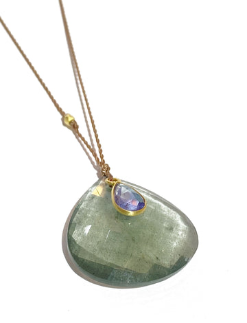 Margaret Solow | Moss Aquamarine and Tanzanite necklace on silk cord