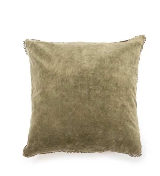 Velvet Pillow with Pom Pom Trim - Moss