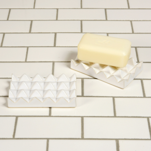 CERAMIC SOAP DISH - RAISED PYRAMID, RECTANGLE - MATTE WHITE
