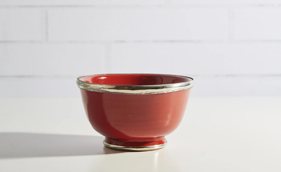 Moroccan Glazed Bowls with Berbe Silver Trim - Red