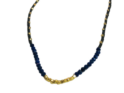 Danielle Welmond | Woven Dark Grey Silk Cord Necklace w/ Lapis and 14K Gold Vermeil Beads