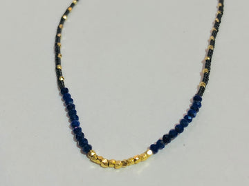 DANIELLE WELMOND | Woven Dark Grey Silk Cord Necklace w/ Lapis and 14K Gold Vermeil Beads