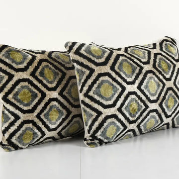 Silk Ikat Velvet Pillow, Green Geometric Ikat | 14