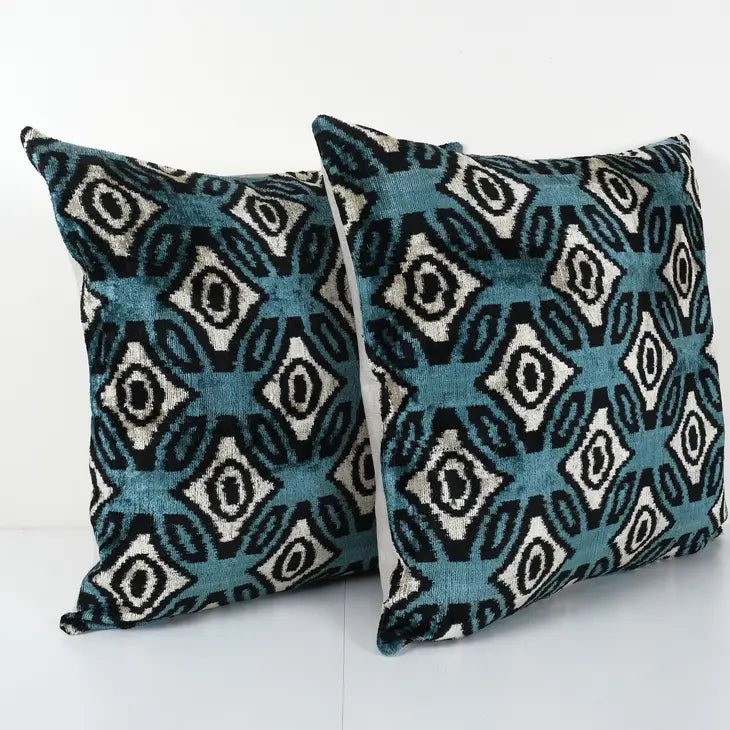 Ikat Azure Blue Pillow - Silk Ethnic Velvet | 24 x 24