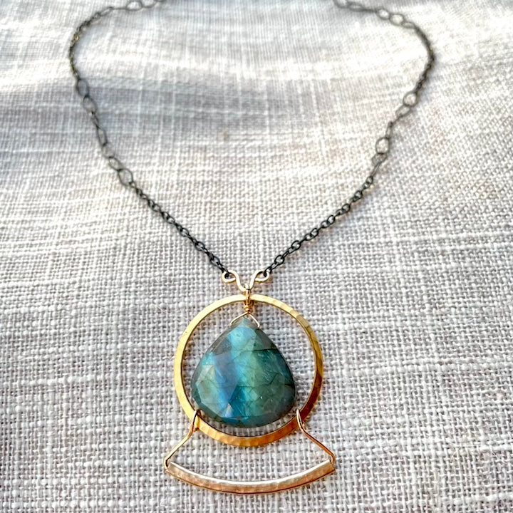 Etruscan-style Necklace of Large Labradorite Teardrop in Gold Frame with Oxidized Chain