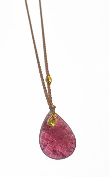 Margaret Solow | Dark Pink Tourmaline and Diamond necklace on silk cord